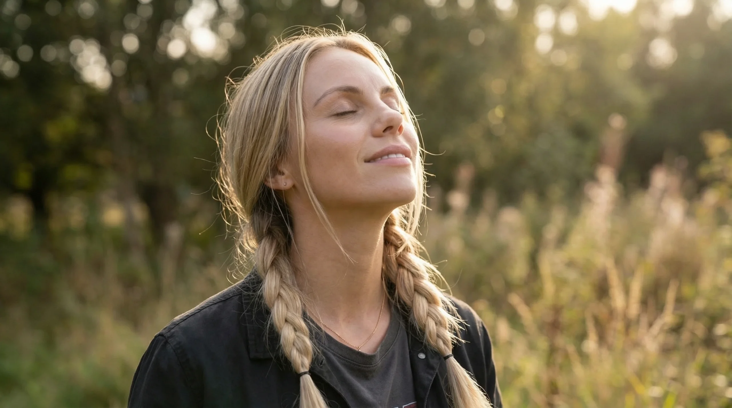 Anna Sinclair-Sorenson in peaceful moment outdoors with eyes closed, grounded in gratitude and mindfulness