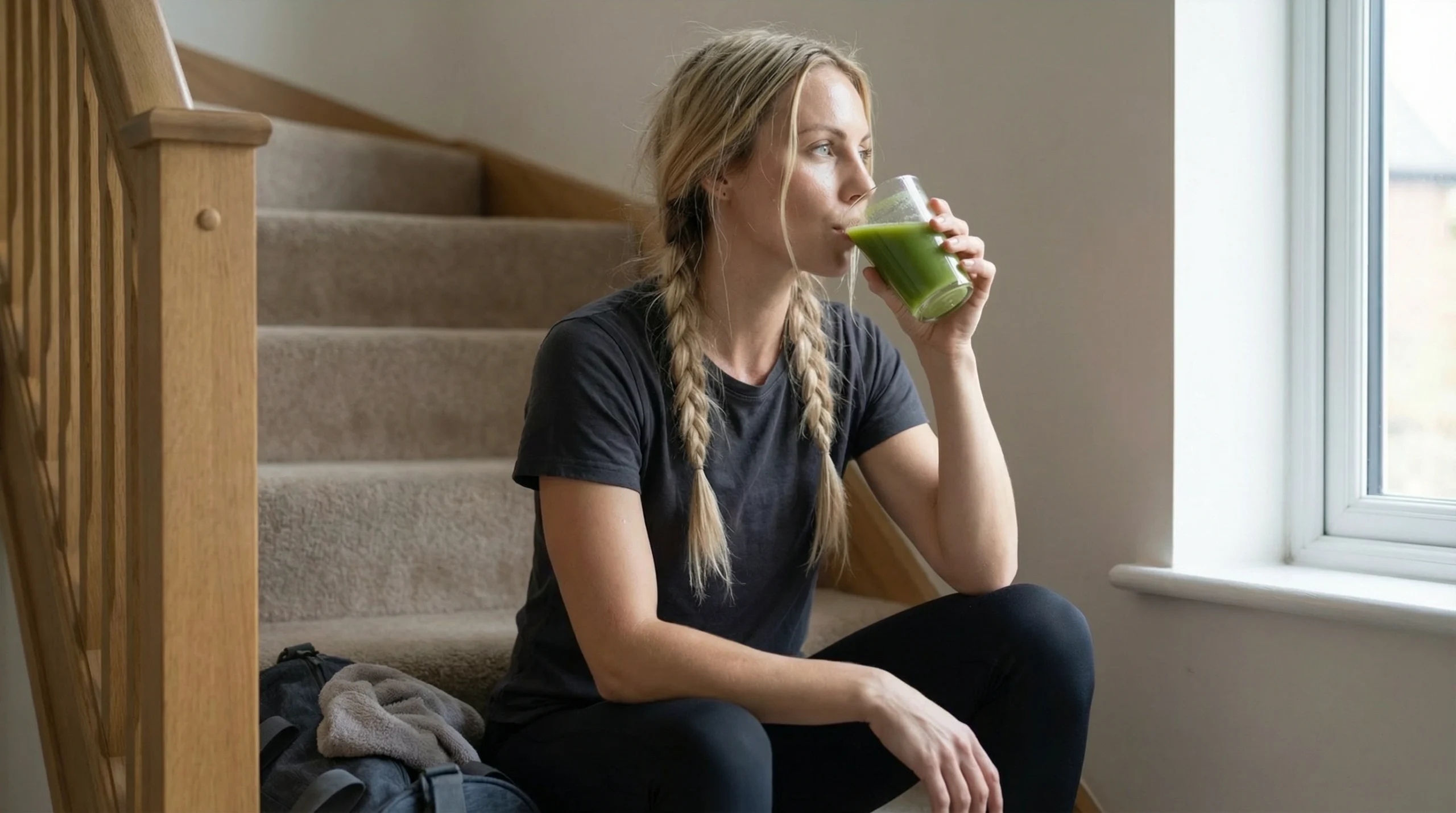 Anna Sinclair-Sorenson drinking healthy green smoothie, representing restored health and nutritious eating habits