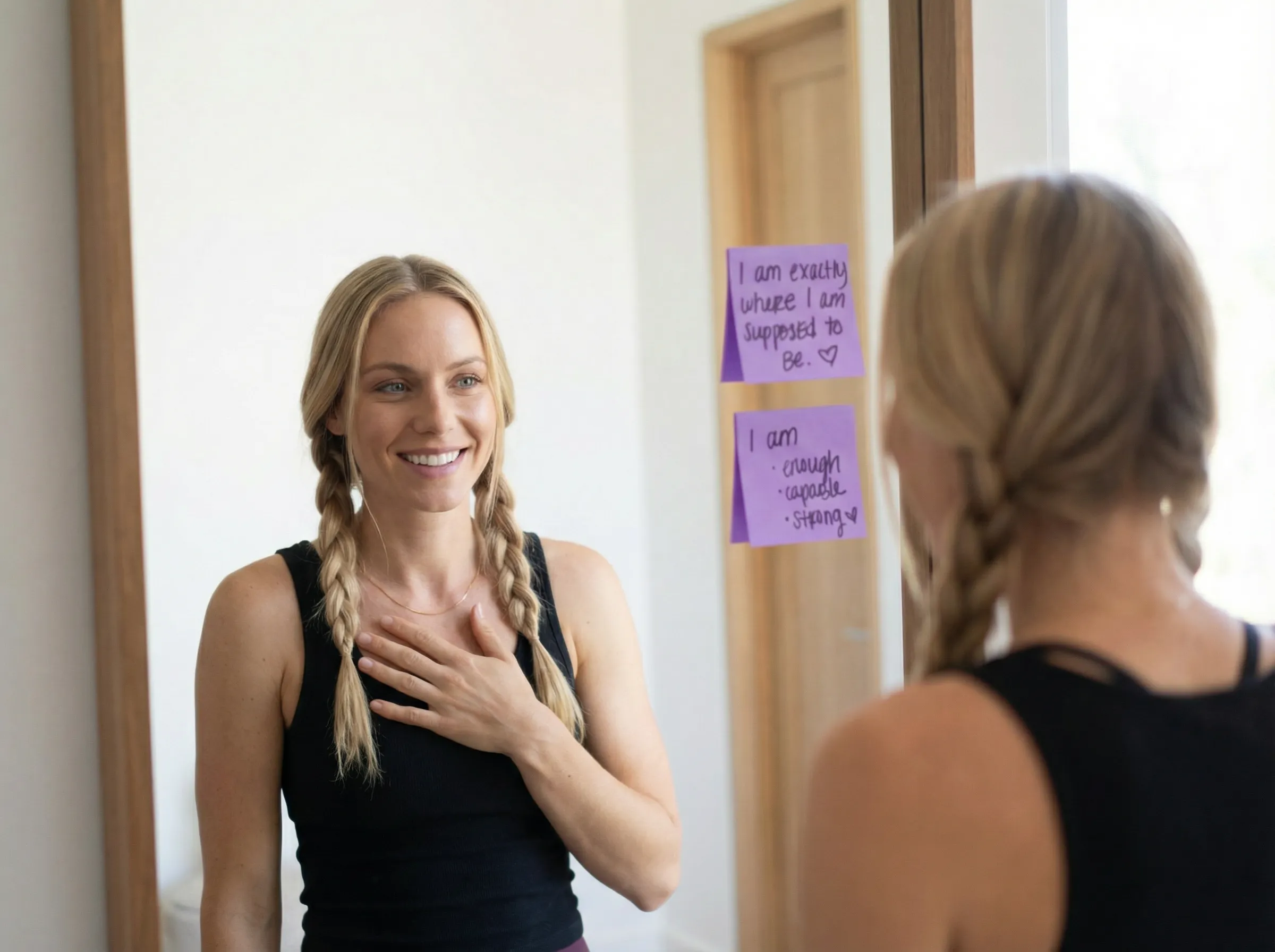 See My Goals founder Anna looking at mirror affirmations with hand on heart: 'I am exactly where I am supposed to be' and 'I am enough, capable, strong'